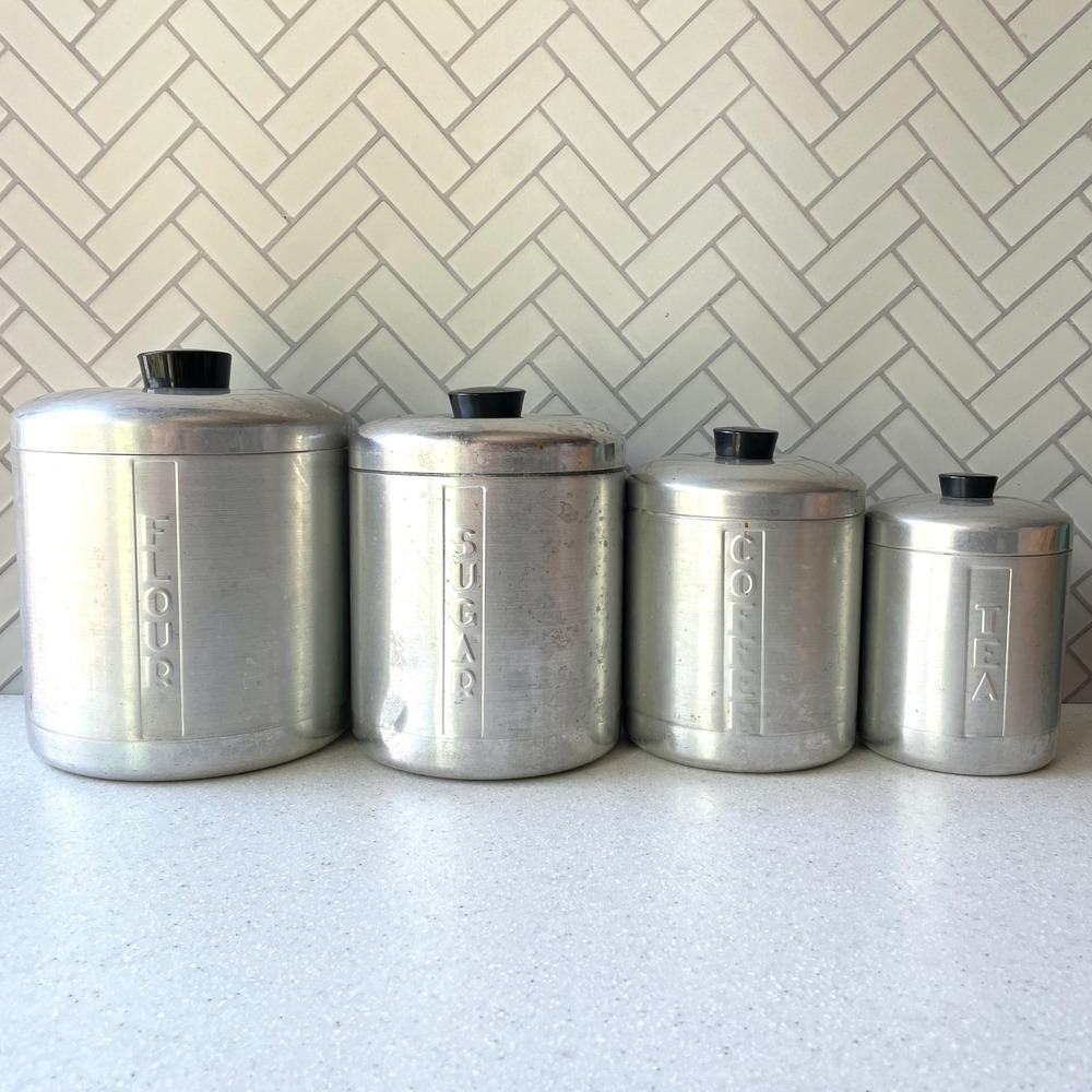 1950s Vintage Spun Aluminum Kitchen Canister Set of 4 Nesting Art Deco MCM
